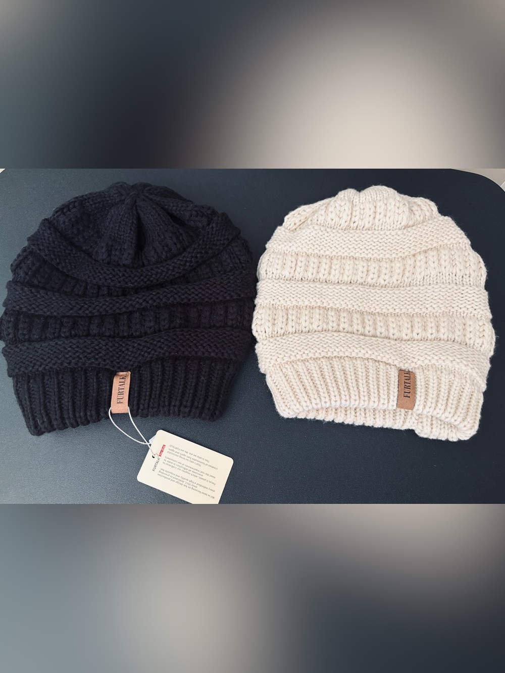 2 FURTALK Chunky Knit Beanies NWT Black and Cream